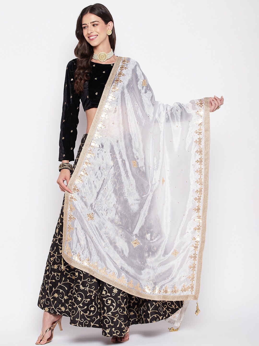 

Clora Creation Ethnic Motifs Gotta Patti Embroidered Dupatta, White