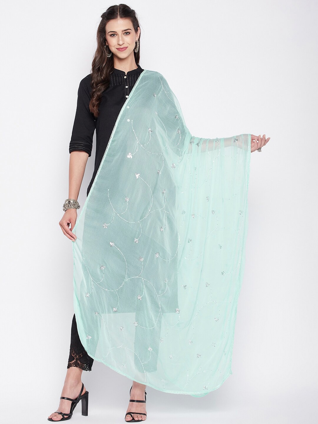 

Clora Creation Embroidered Chiffon Dupatta With Sequinned, Green