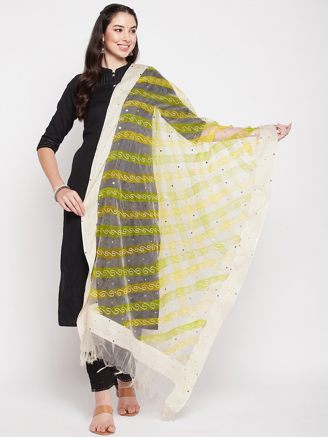 

Clora Creation Embroidered Organza Dupatta with Mirror Work, Yellow