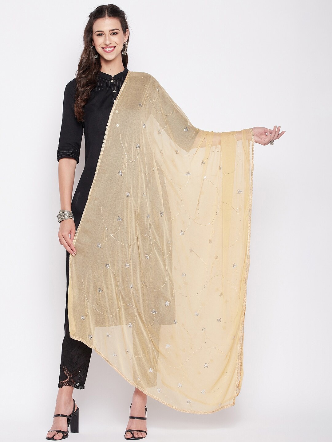 

Clora Creation Embroidered Dupatta with Sequinned, Beige