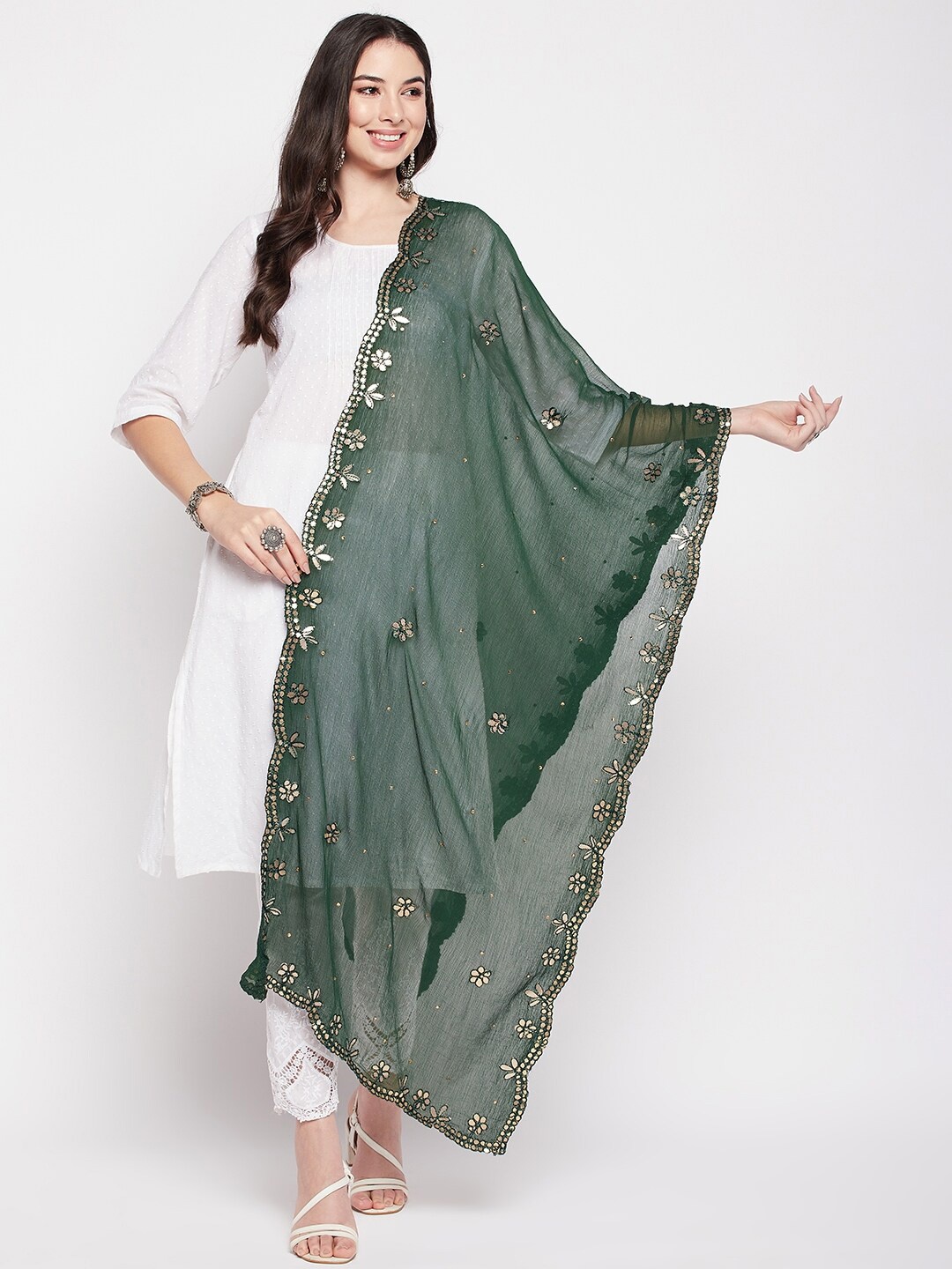 

Clora Creation Embroidered Dupatta with Gotta Patti, Green