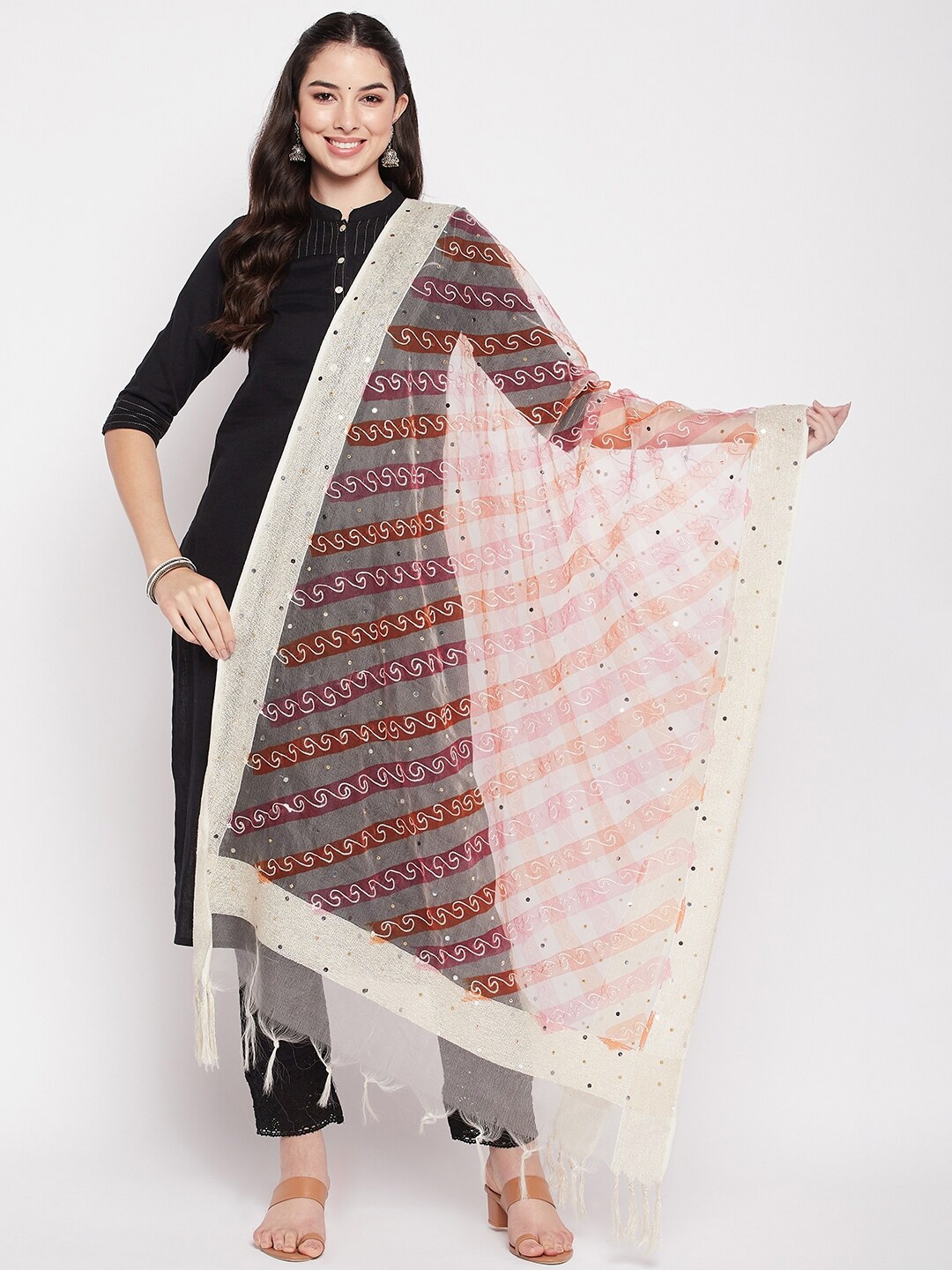 

Clora Creation Ethnic Motifs Embroidered Organza Dupatta with Mirror Work, Red
