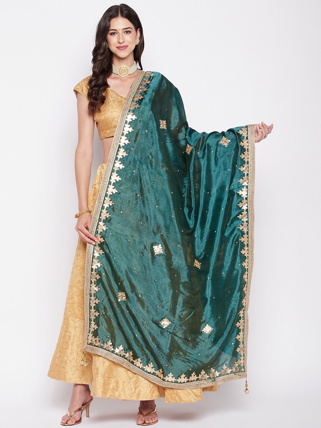 

Clora Creation Embroidered Dupatta with Gotta Patti, Green