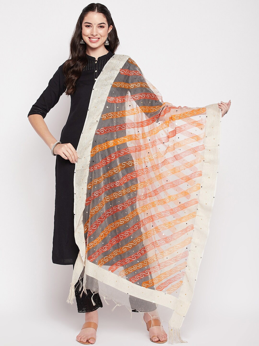 

Clora Creation Embroidered Organza Dupatta with Mirror Work, Orange