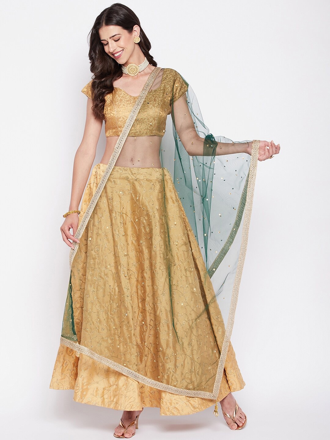 

Clora Creation Polka Dots Embroidered Net Dupatta With Sequinned, Green