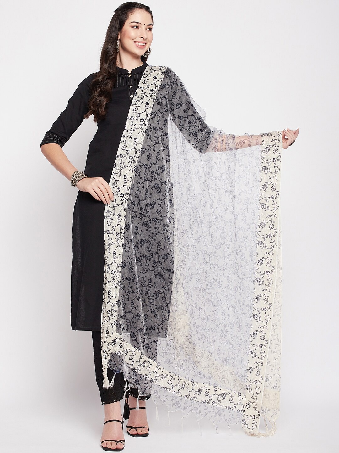 

Clora Creation Printed Organza Dupatta With Tasselled, White