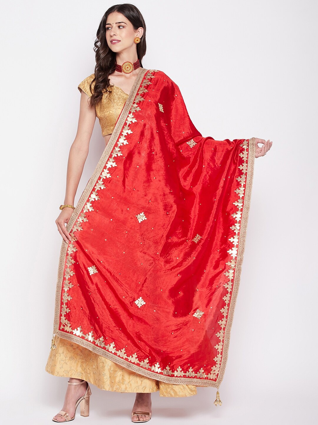 

Clora Creation Ethnic Motifs Embroidered Dupatta with Gotta Patti, Red