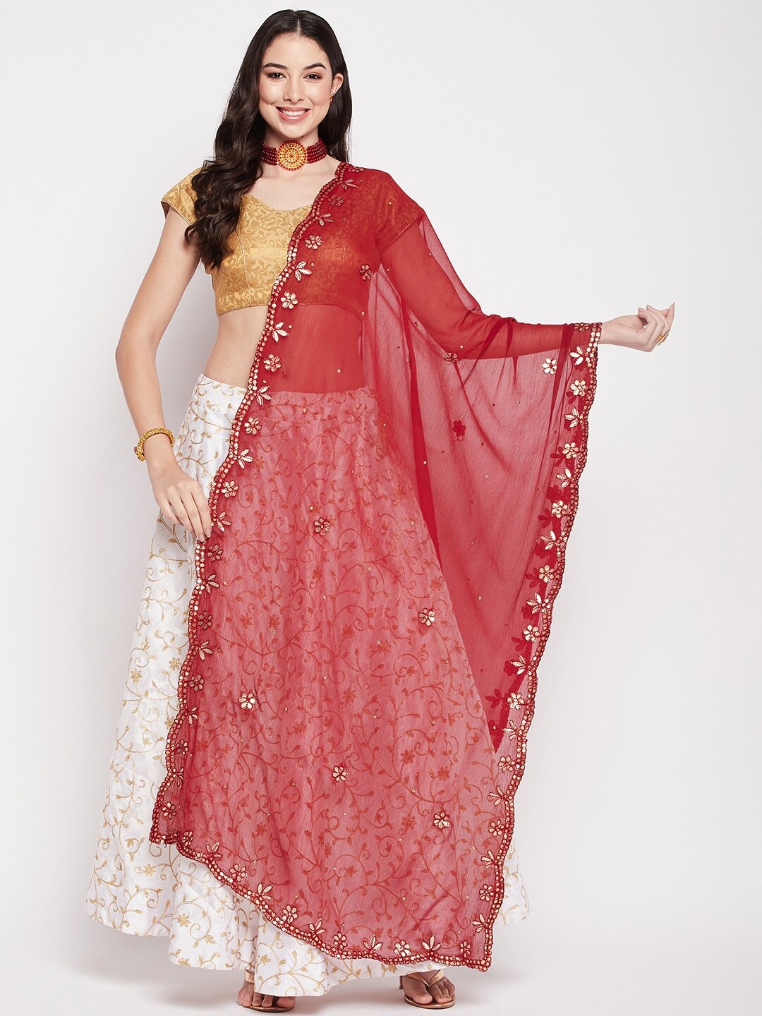 

Clora Creation Embroidered Dupatta with Gotta Patti, Maroon