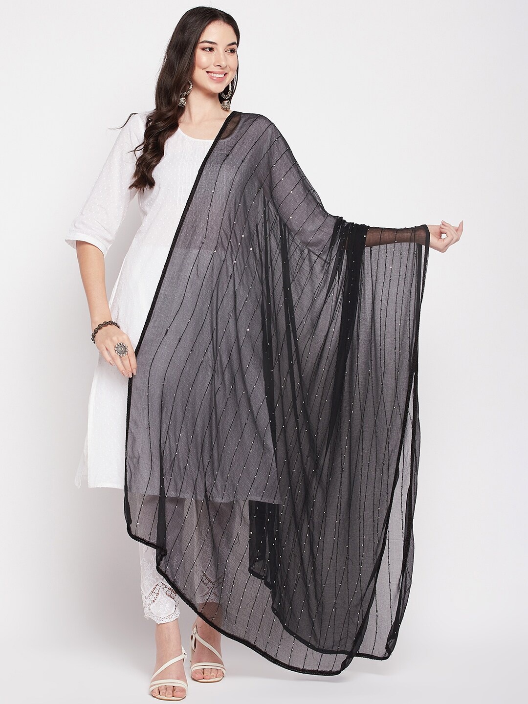 

Clora Creation Embroidered Dupatta with Sequinned, Black