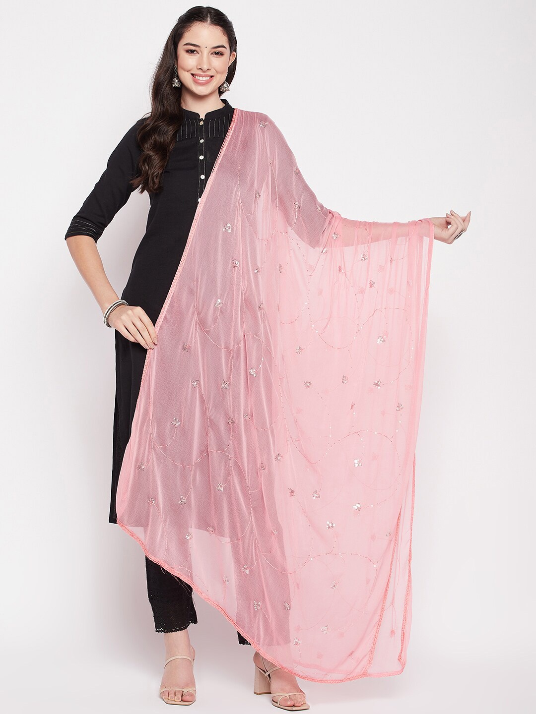 

Clora Creation Ethnic Motifs Embroidered Dupatta with Sequinned, Coral