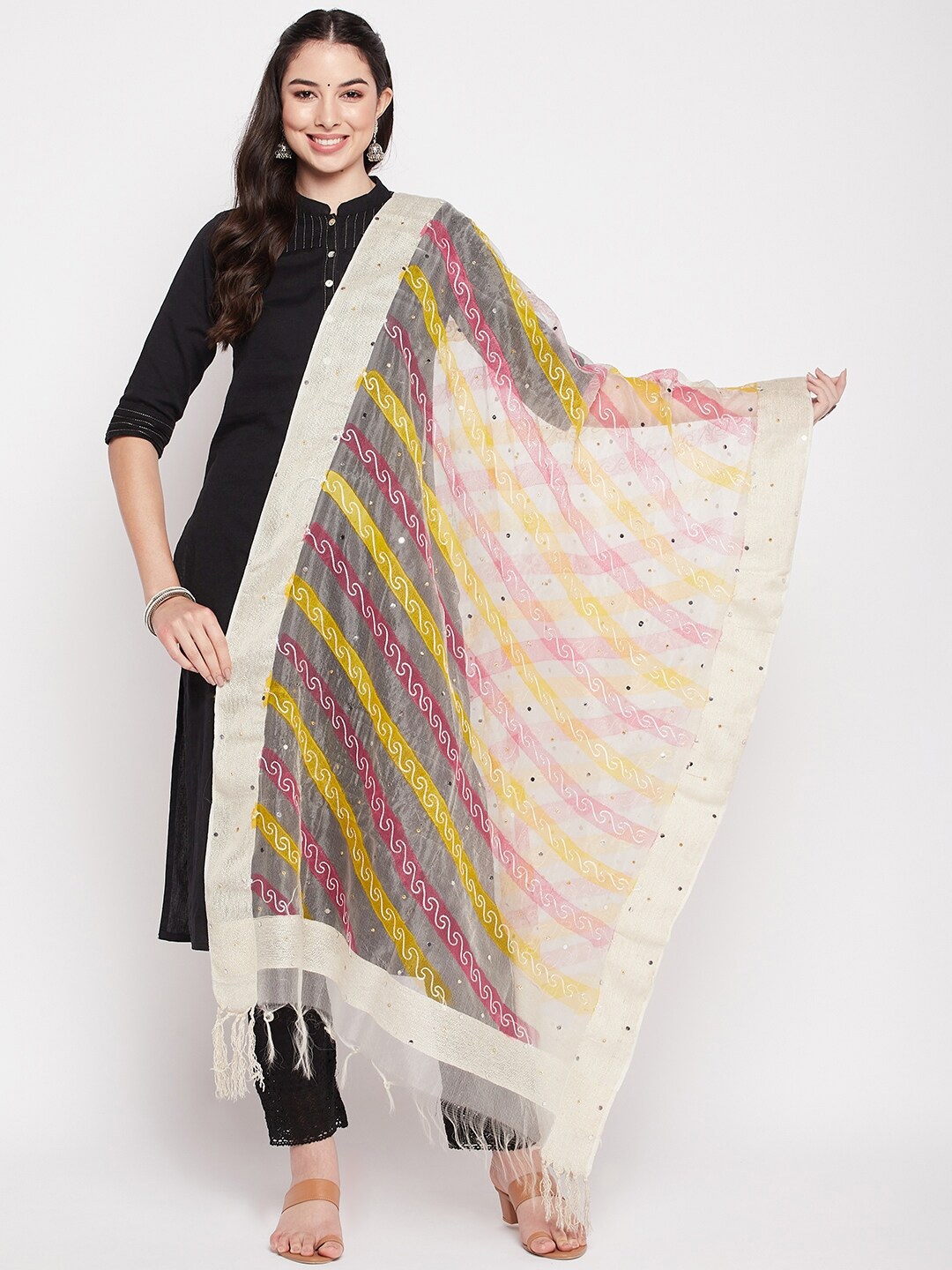 

Clora Creation Embroidered Organza Dupatta with Mirror Work, Yellow