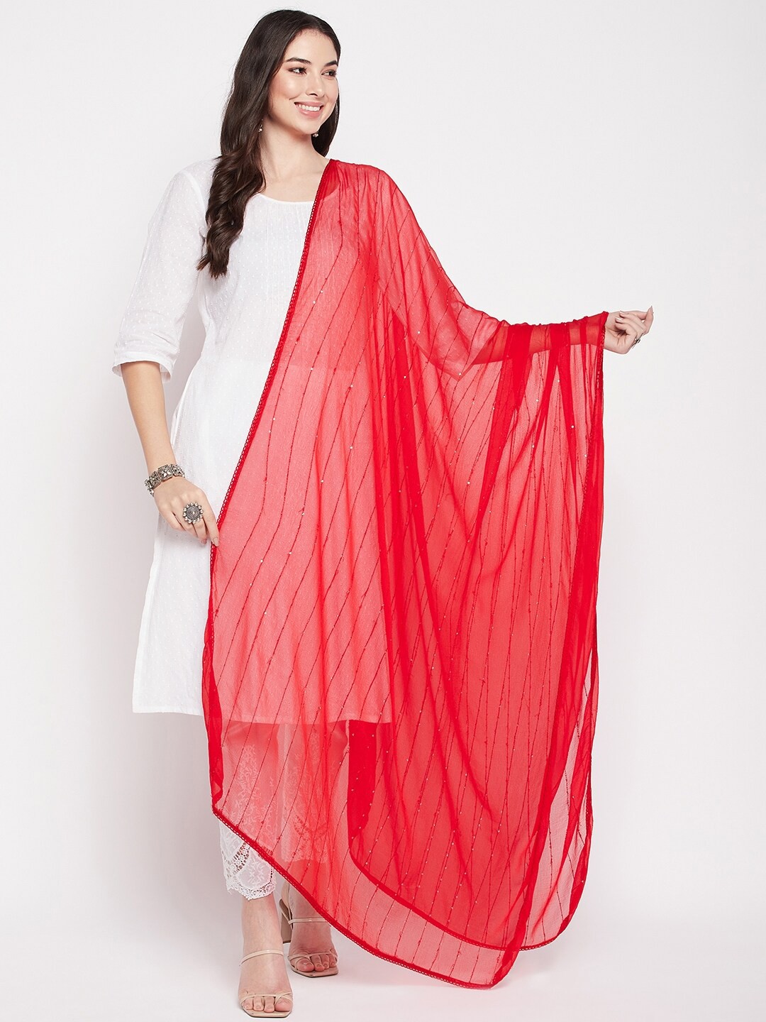 

Clora Creation Embroidered Dupatta with Sequinned, Red
