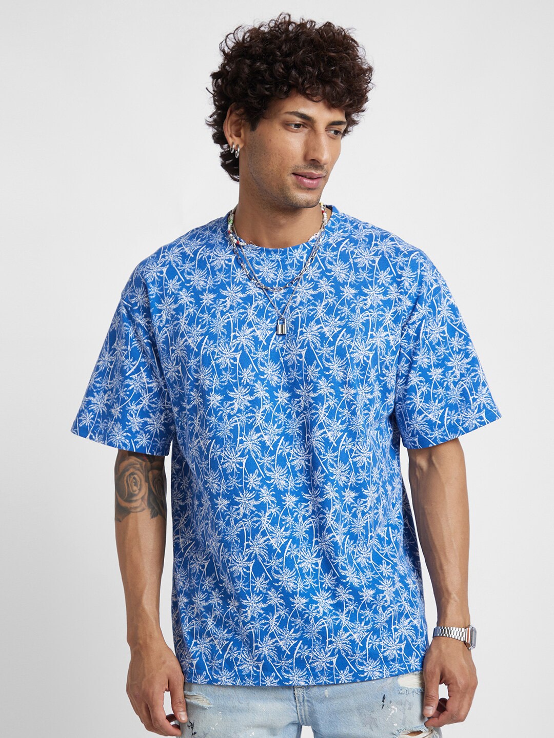

VASTRADO Tropical Printed Short Sleeves Oversize Cotton T-shirt, Blue