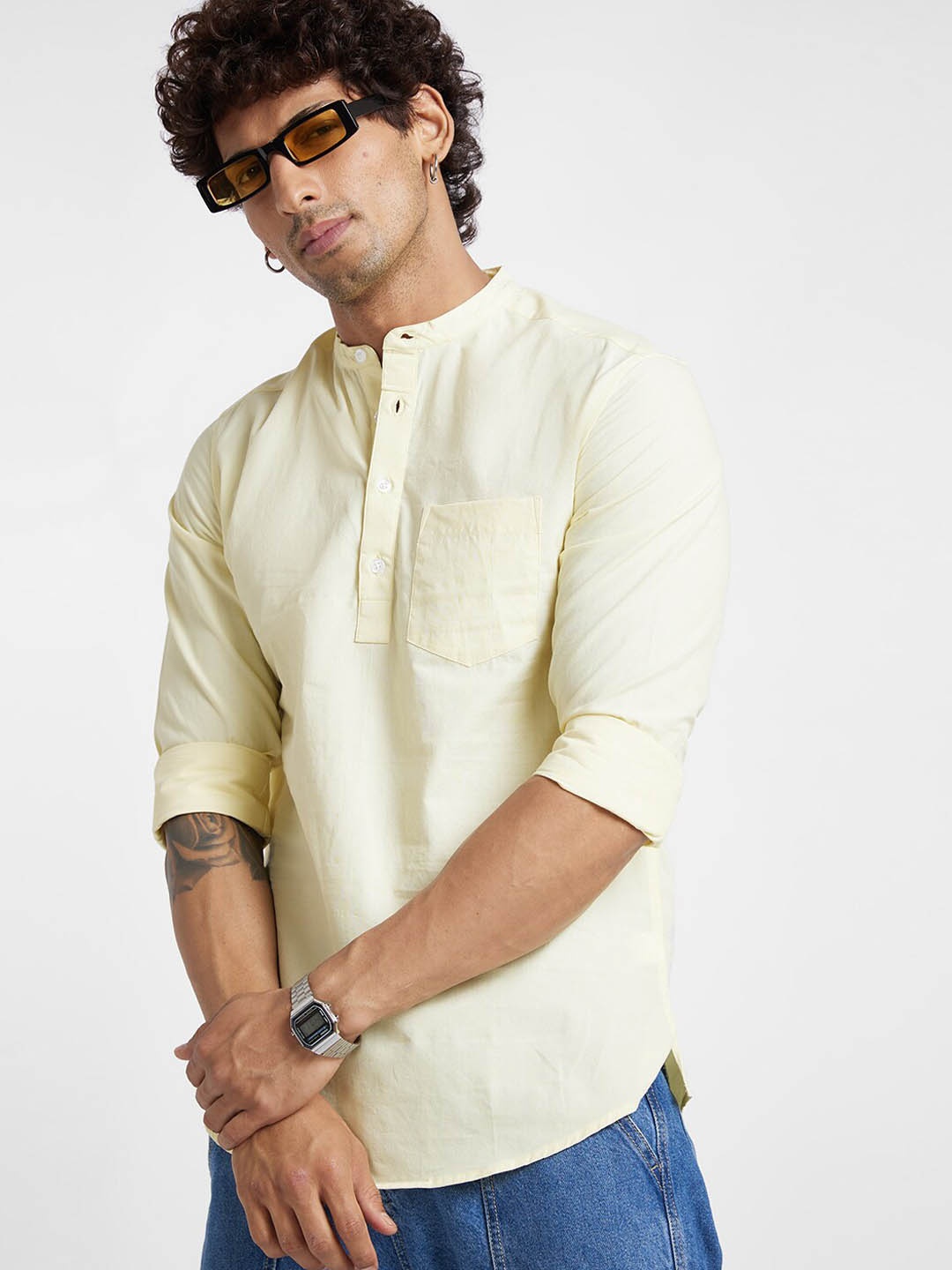

VASTRADO Band Collar Pure Cotton Short Kurta, Yellow
