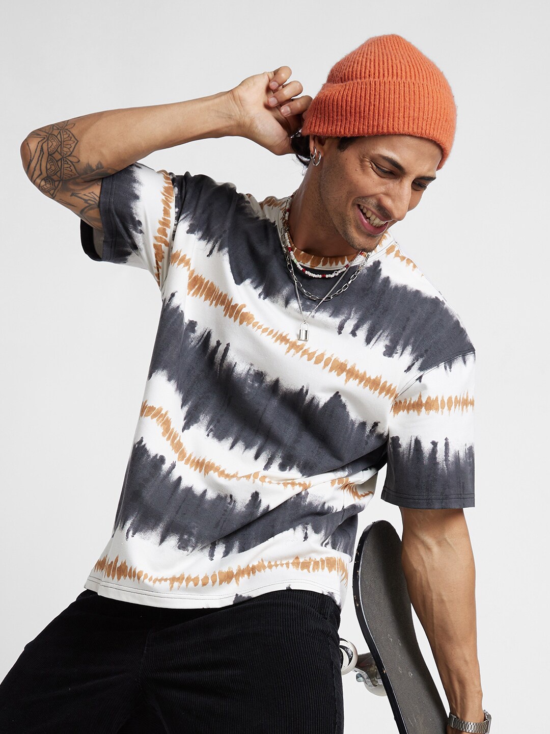 

VASTRADO Abstract Printed Round Neck Oversized Cotton T-Shirt, Grey