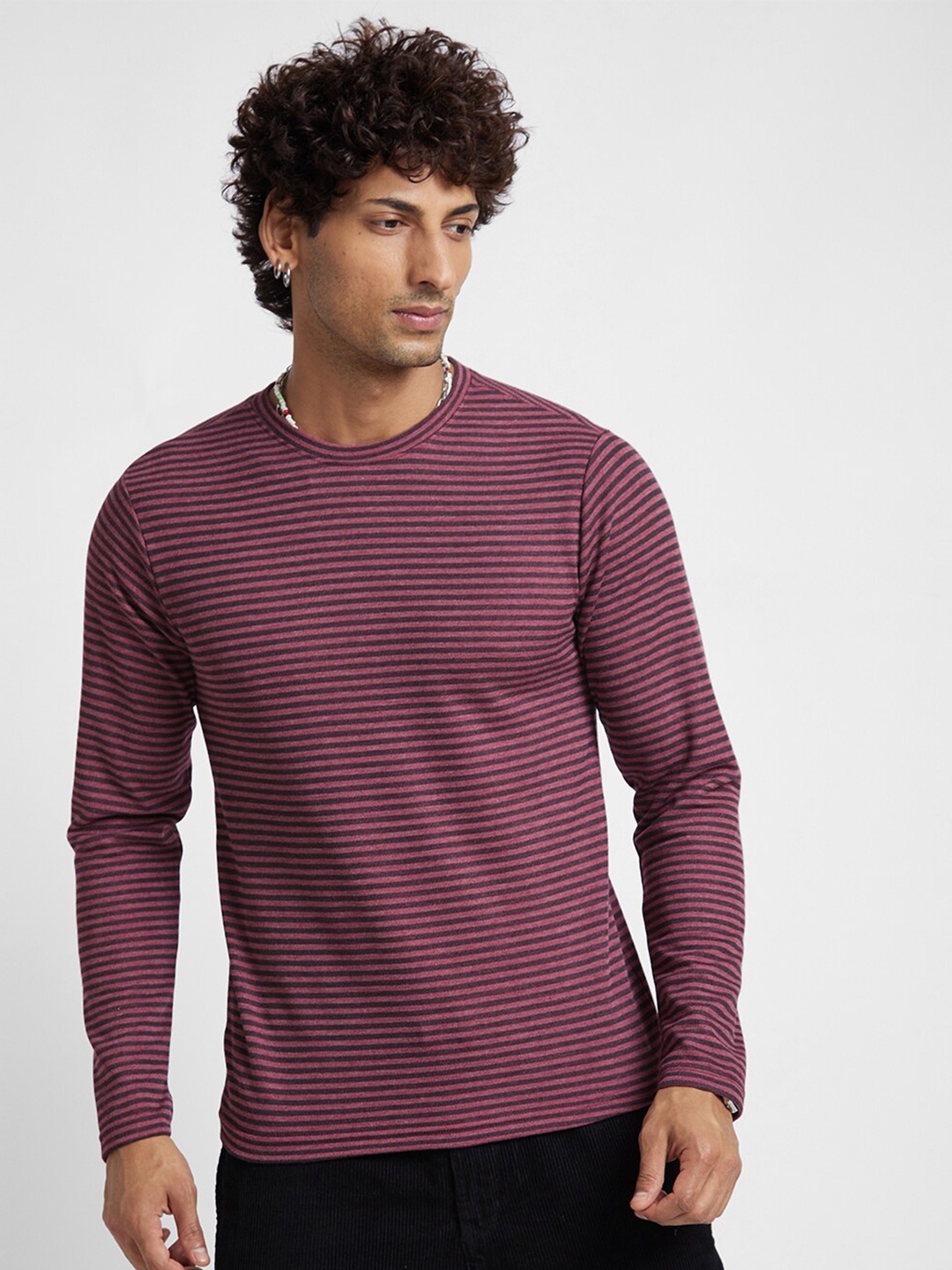 

VASTRADO Striped Round Neck Relaxed Fit Cotton T-shirt, Maroon