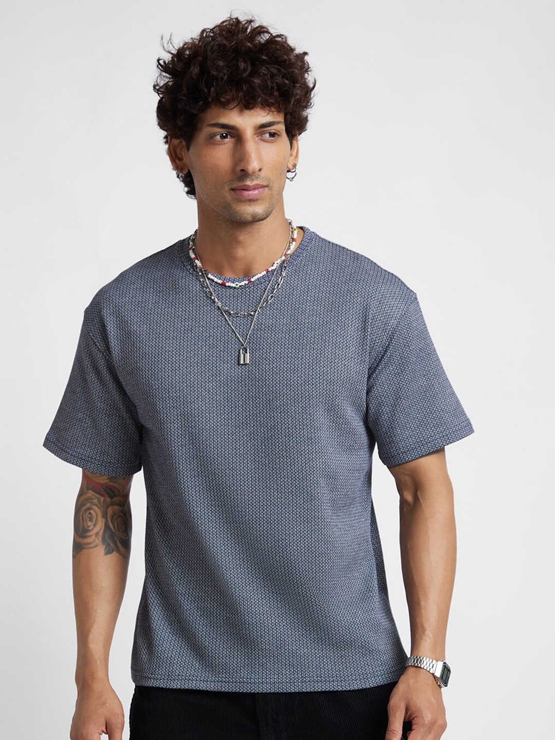 

VASTRADO Round Neck Oversized Fit Cotton T-shirt, Navy blue