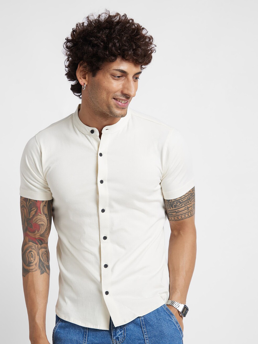 

VASTRADO Mandarin Collar Opaque Casual Shirt, Off white