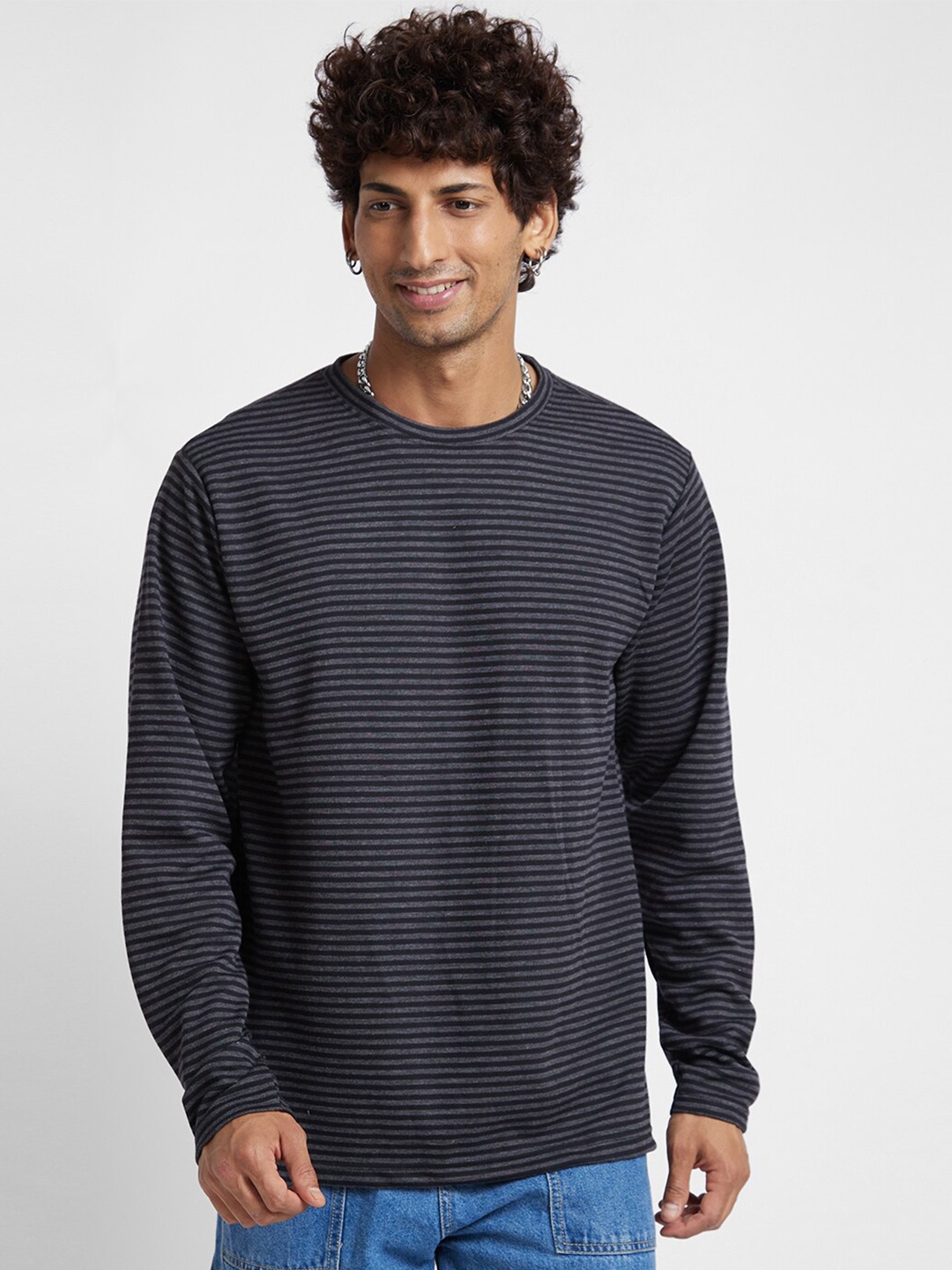 

VASTRADO Striped Round Neck Relaxed Fit Cotton T-shirt, Black