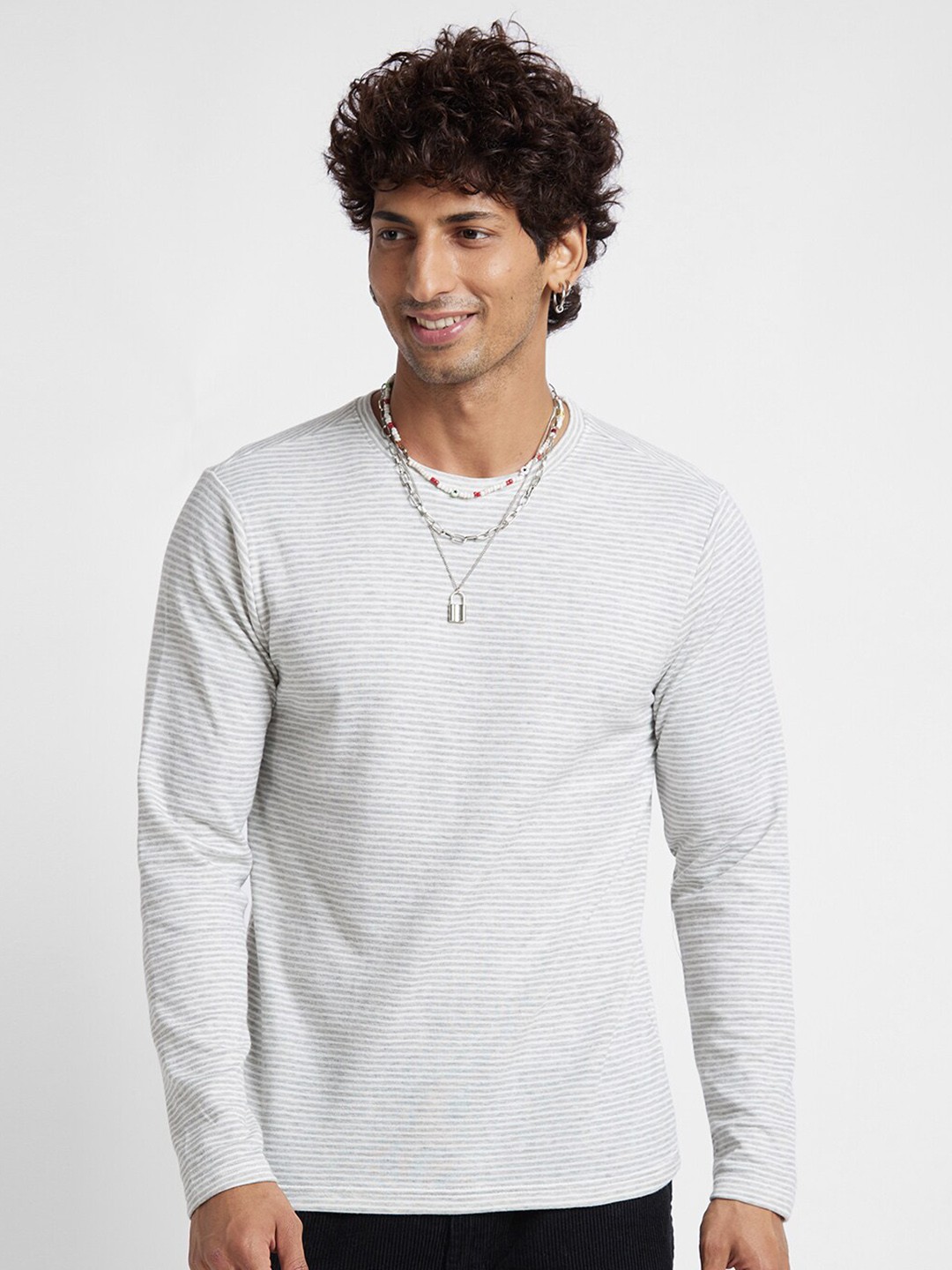 

VASTRADO Striped Round Neck Relaxed Fit Cotton T-shirt, Grey