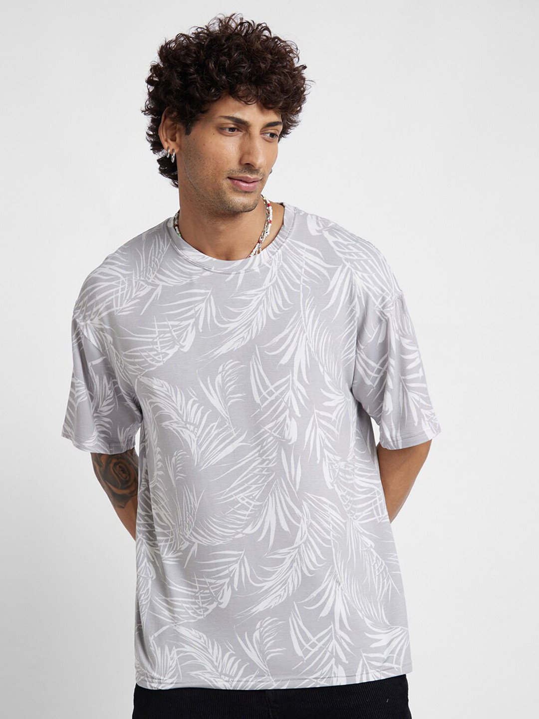 

VASTRADO Floral Printed Oversize Fit Cotton T-shirt, Grey