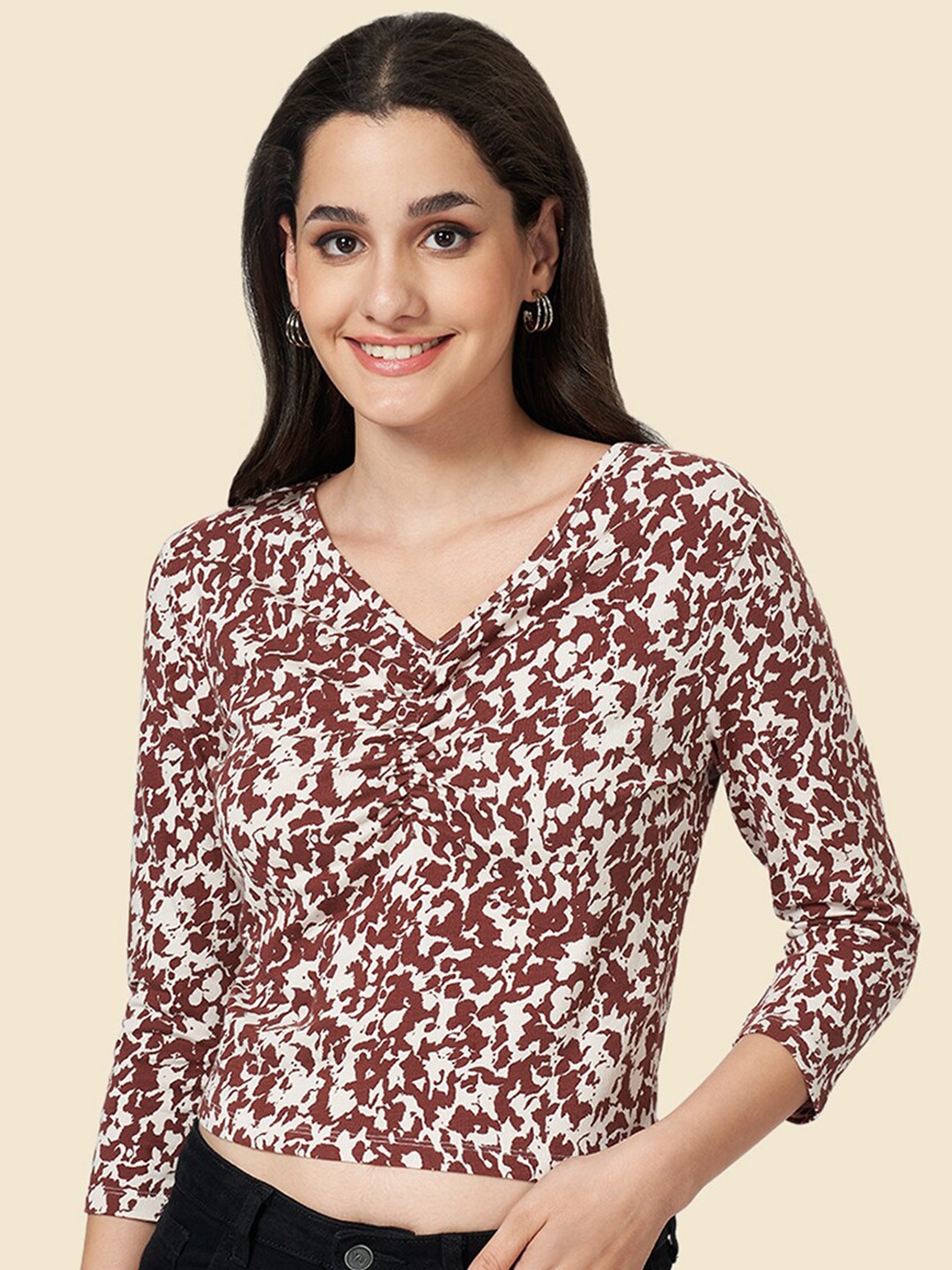 

YU by Pantaloons Abstract Printed Ruched Cotton Crop Top, Brown