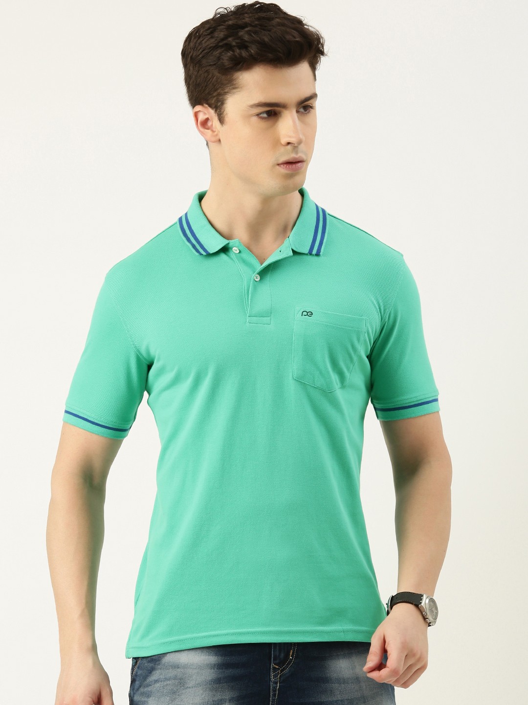 

Peter England Men Striped Polo Collar T-shirt, Sea green
