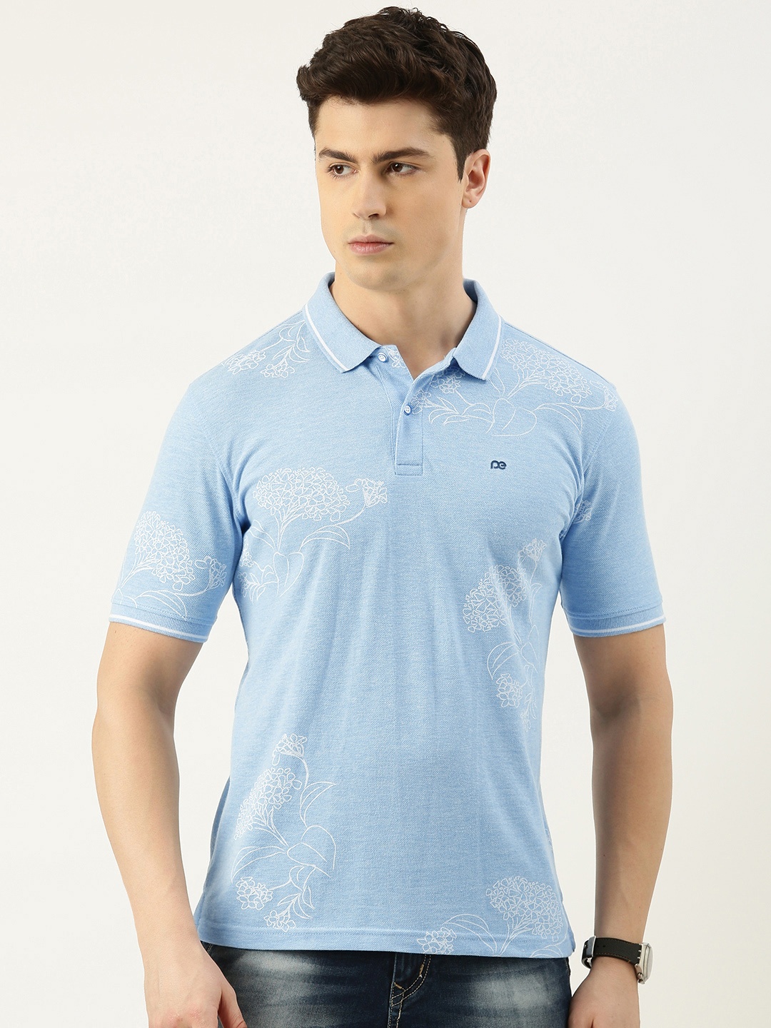 Peter England Men Floral Printed Polo Collar Pure Cotton T-shirt, Blue