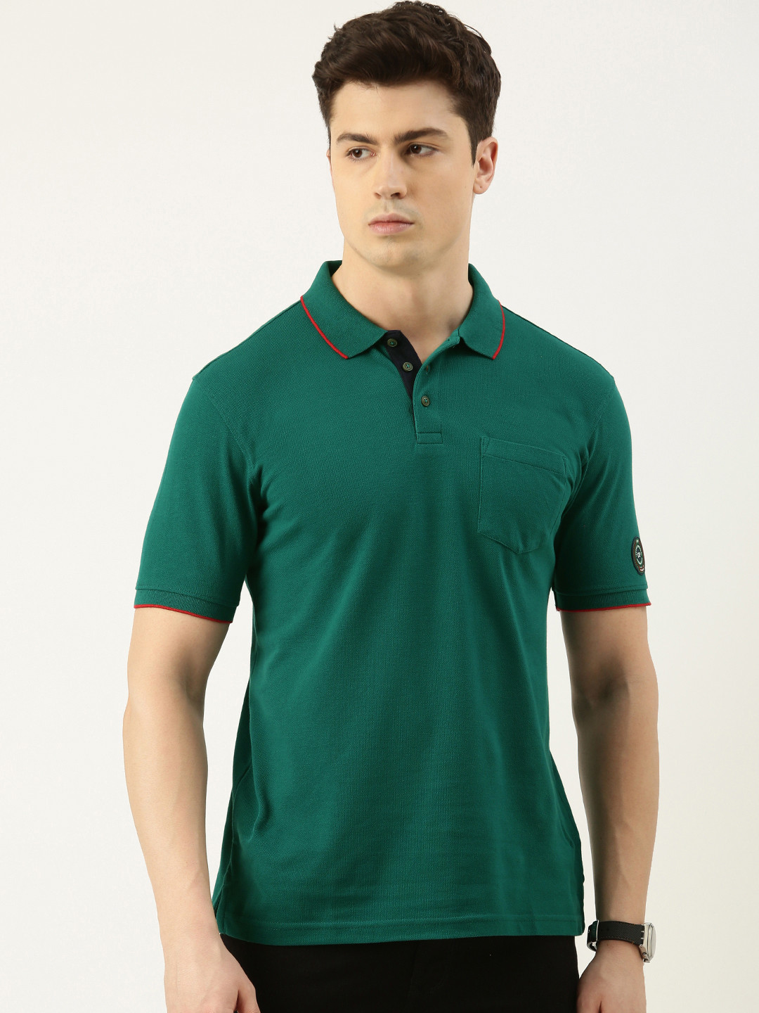 

Peter England Men Striped Polo Collar T-shirt, Green