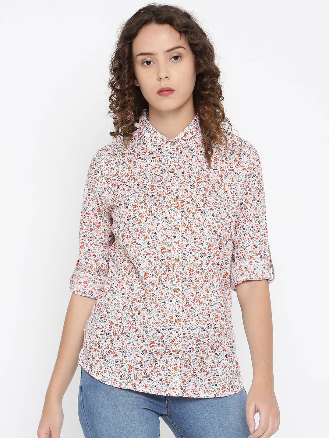 

U.S. Polo Assn. Women Women White & Orange Regular Fit Printed Casual Shirt