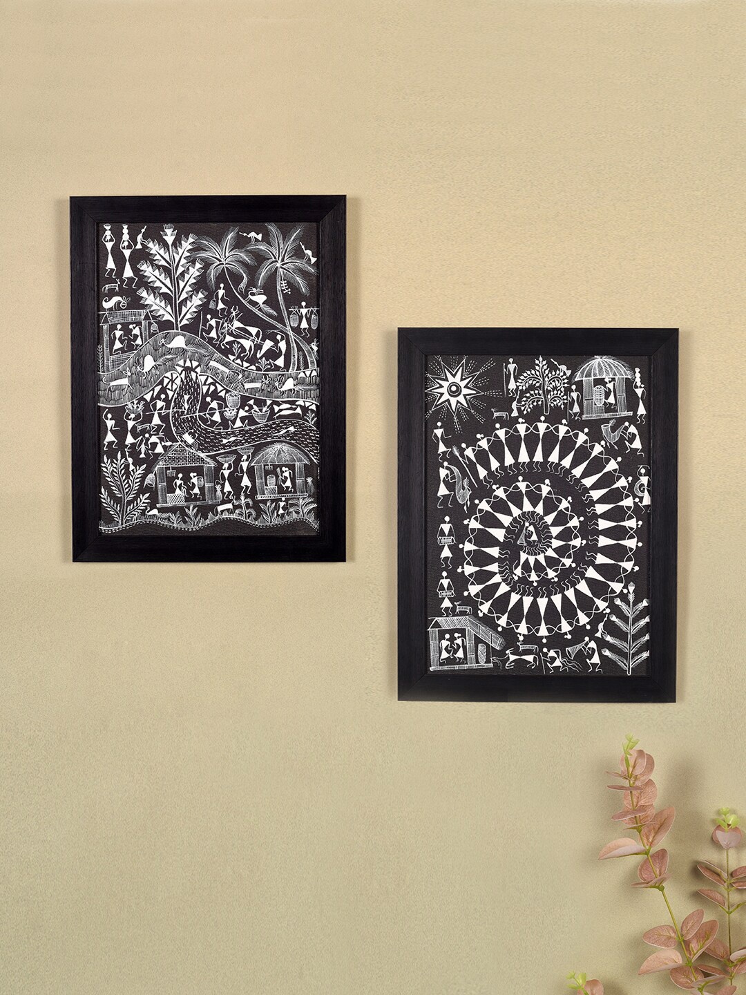 

AAKRITI ART CREATIONS 2-Pcs Black & White Warli Symphony Paintings Wall Art