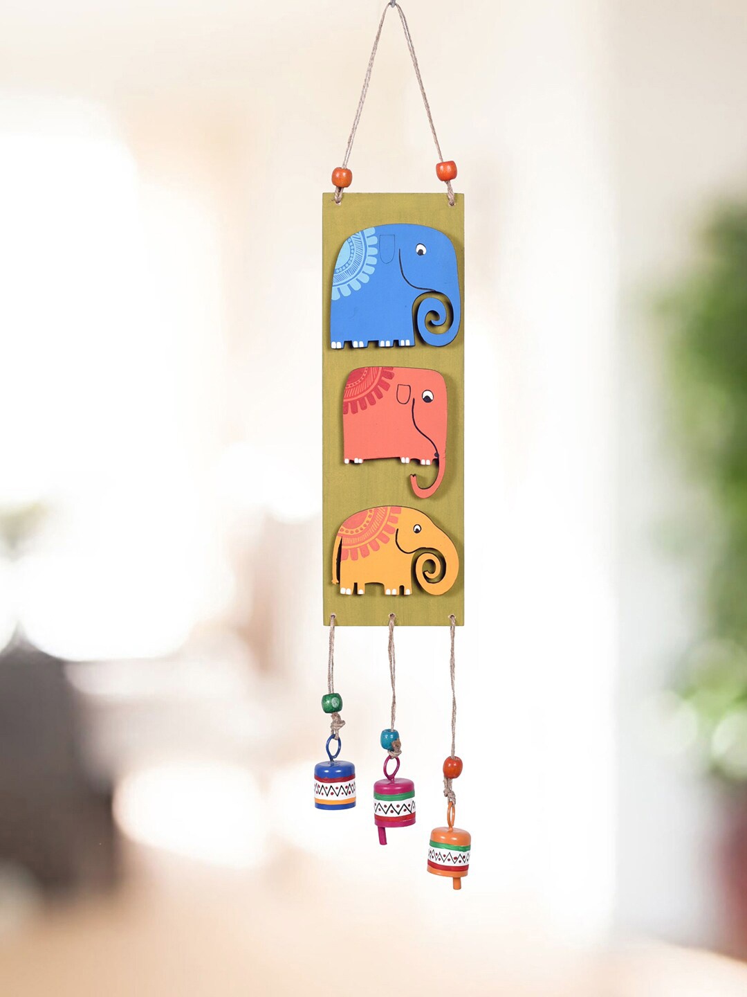 

AAKRITI ART CREATIONS Blue & Green Printed Trinity Of Elephants Windchime