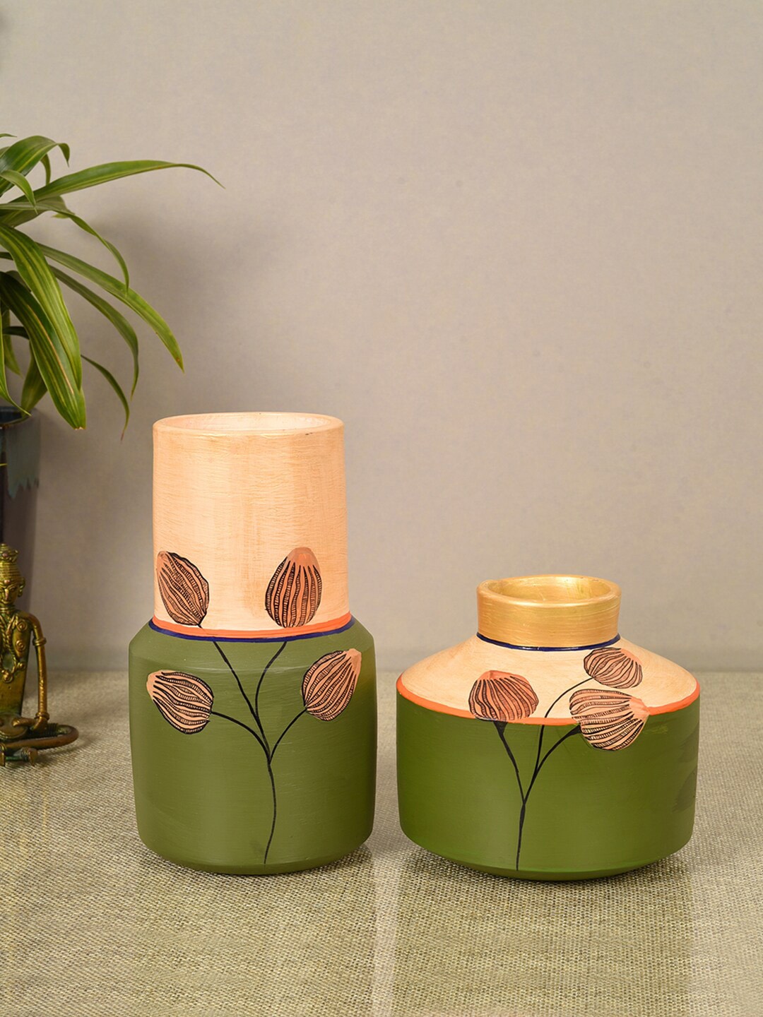 

AAKRITI ART CREATIONS Oasis 2-Pieces Green Printed Terracotta Vases