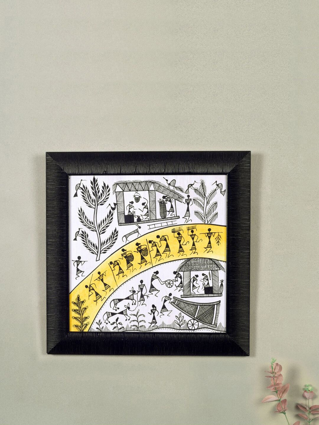 

AAKRITI ART CREATIONS Black & Yellow Warli Processions Painting Framed Wall Art, White