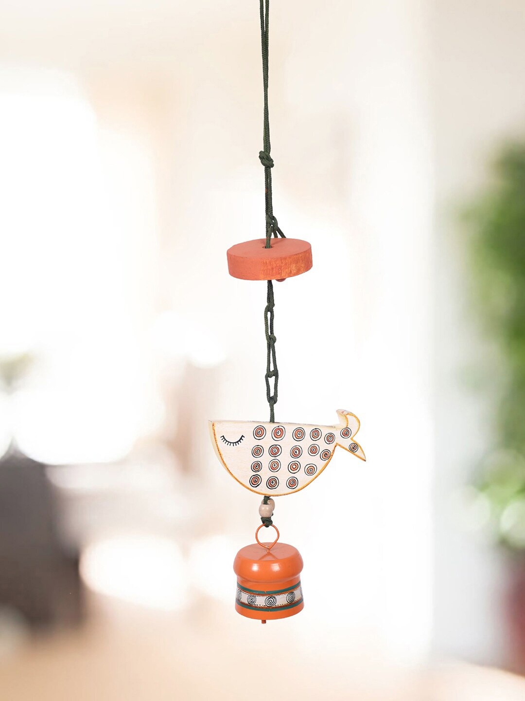 

AAKRITI ART CREATIONS Orange Coloured & Beige Fish And Bell Painted Windchimes
