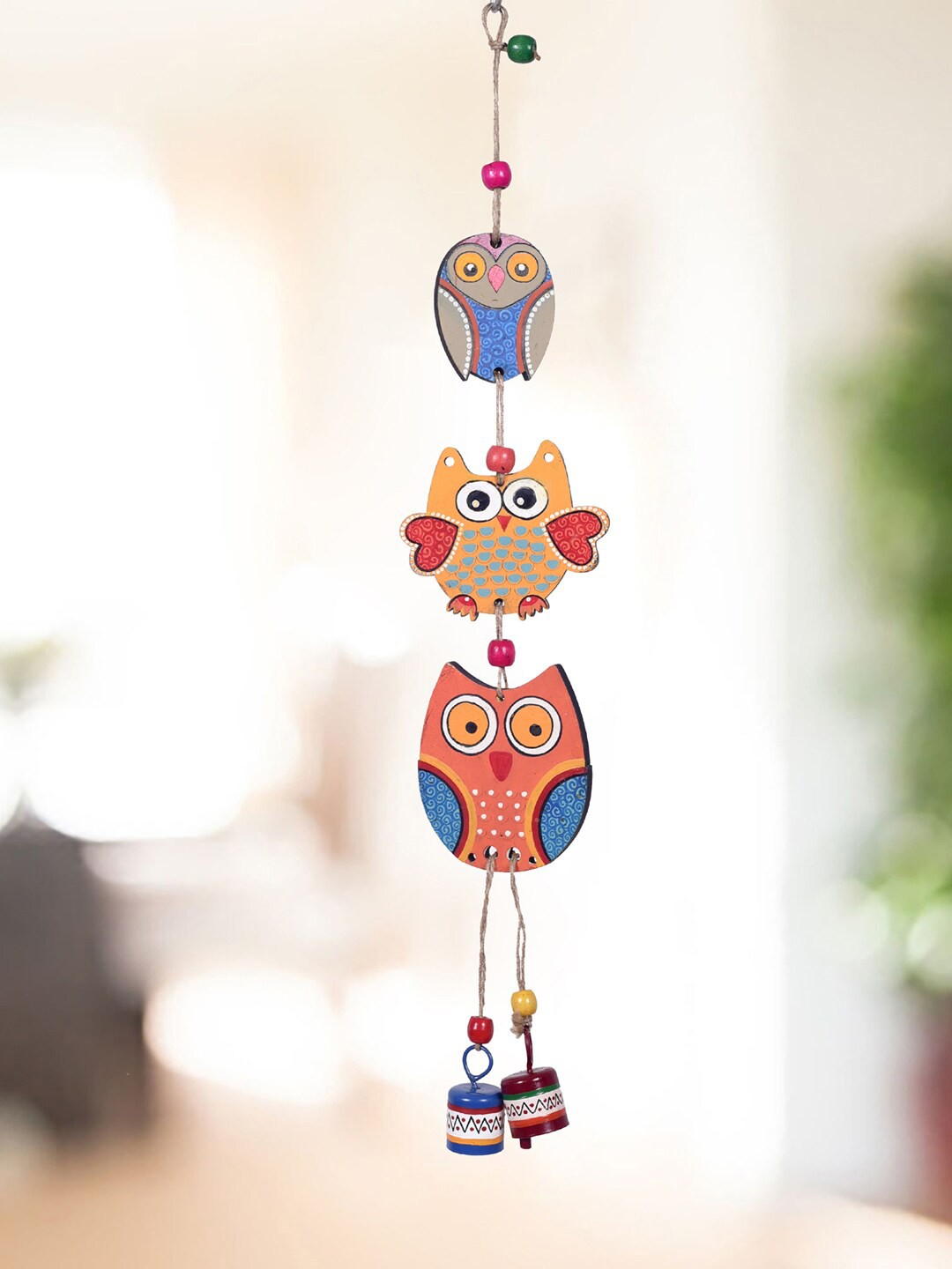 

AAKRITI ART CREATIONS Blue & Yellow Owl Trinity Painted Windchimes