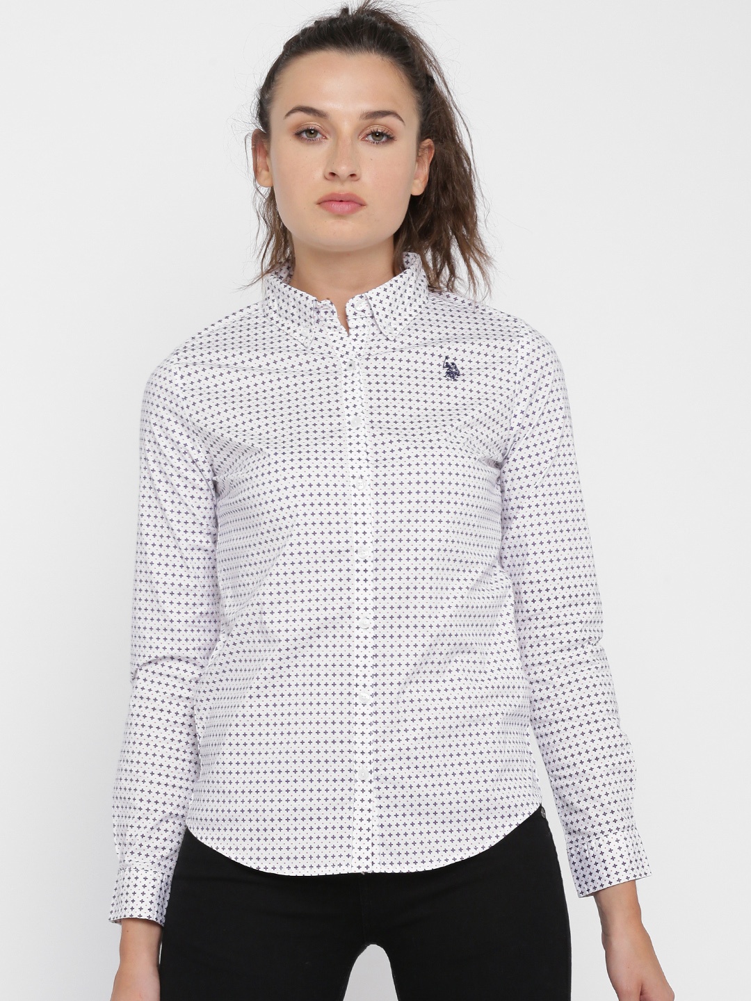 

U.S. Polo Assn. Women White Regular Fit Printed Casual Shirt