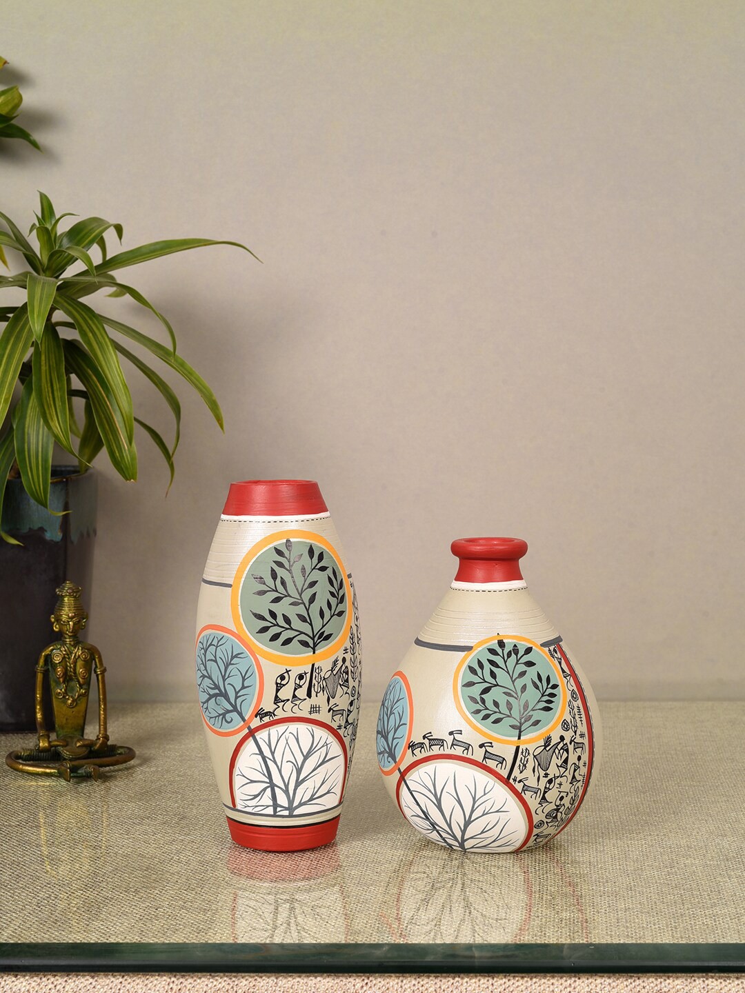 

AAKRITI ART CREATIONS Scarlet Bloom 2-Pieces Printed Terracotta Conical Vases, Grey