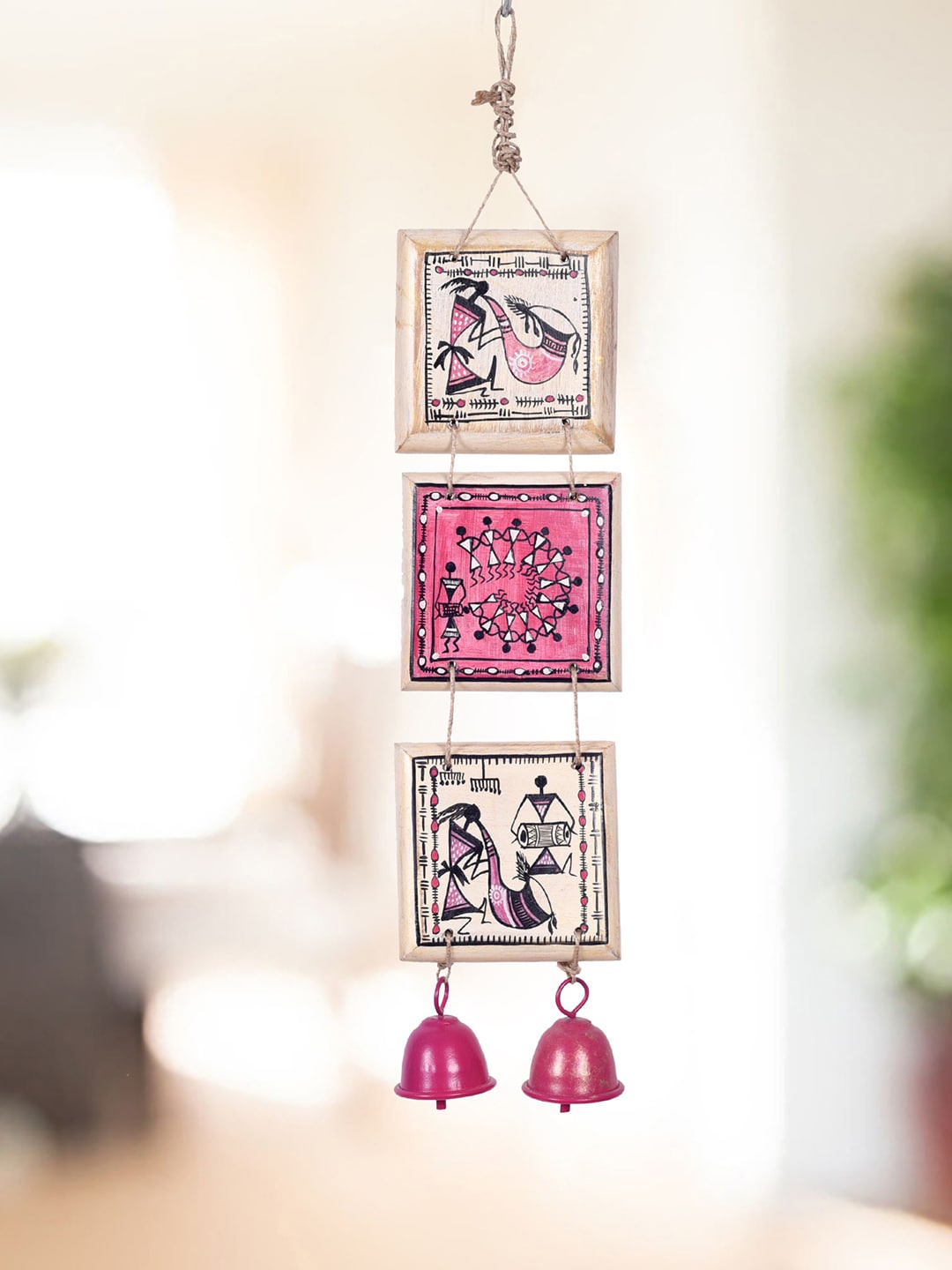 

AAKRITI ART CREATIONS Pink Printed Melodic Warli Art Windchime