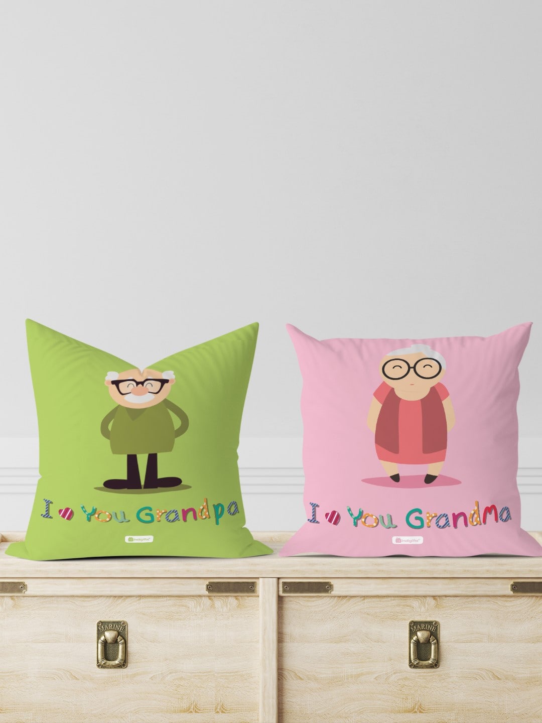 

Indigifts Green & Pink 2 Pieces I Love Grandpa and Grandma Printed Prefilled Cushions