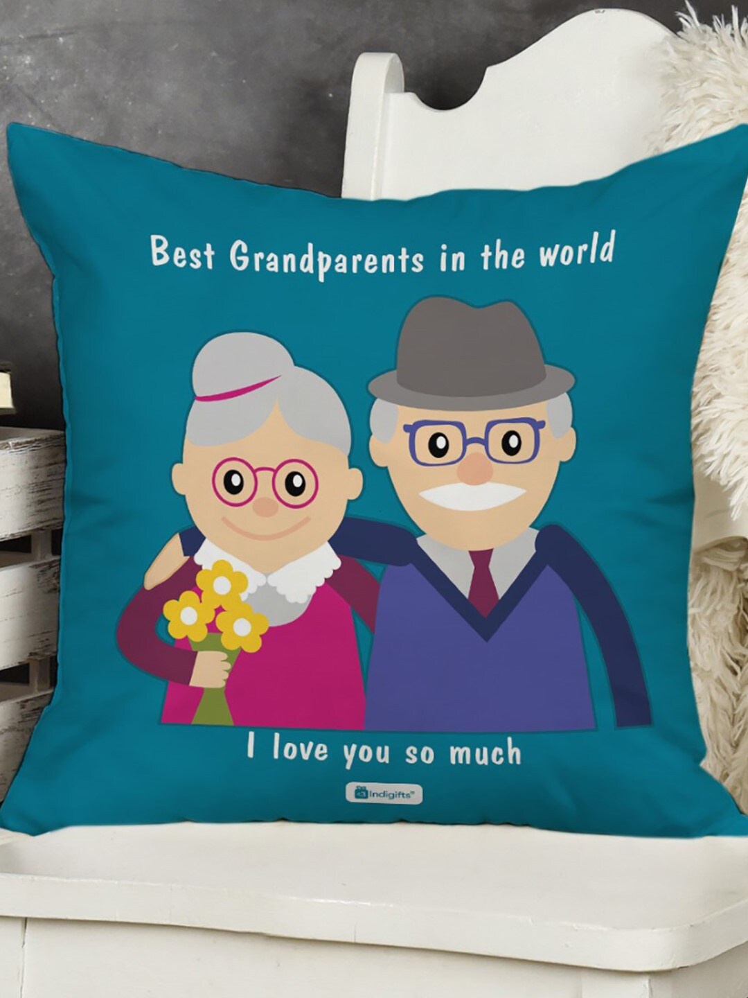 

Indigifts Blue Best Grand Parents In The World Pre-Filled Cushion