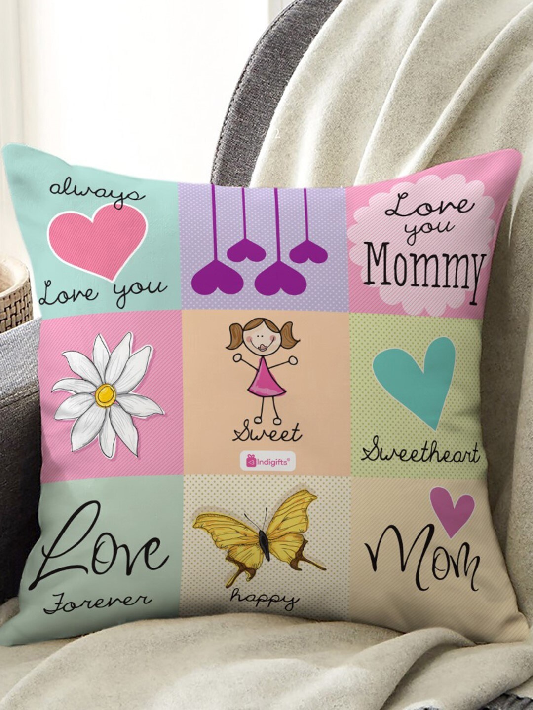 

Indigifts Love You Mommy Printed Pre-Filled Cushion, Green