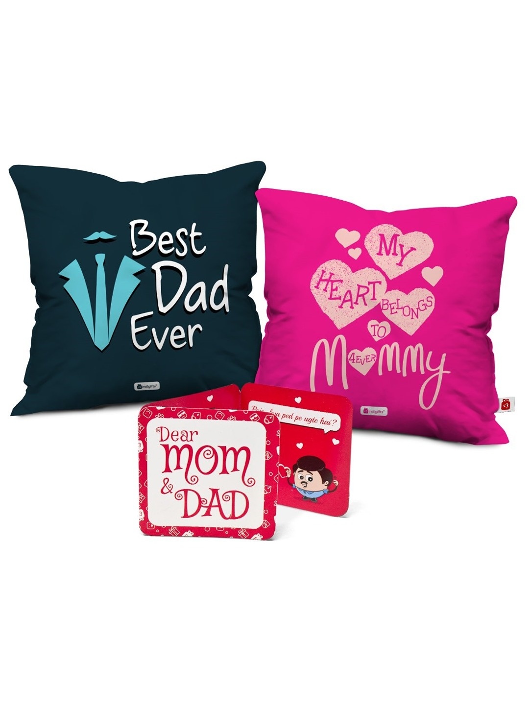 

Indigifts 2 Pieces Best Dad Ever and My Heart Belongs to Mommy Printed Pre-Filled Cushions, Pink