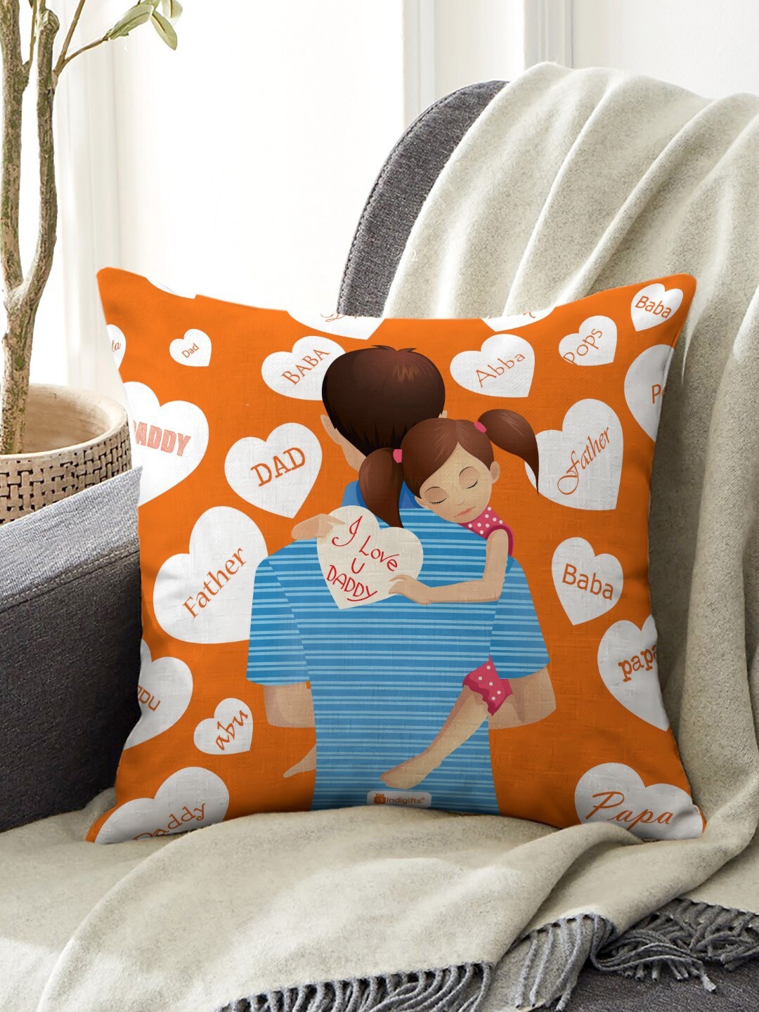 

Indigifts Orange & White I Love You Daddy Printed Pre-Filled Cushion