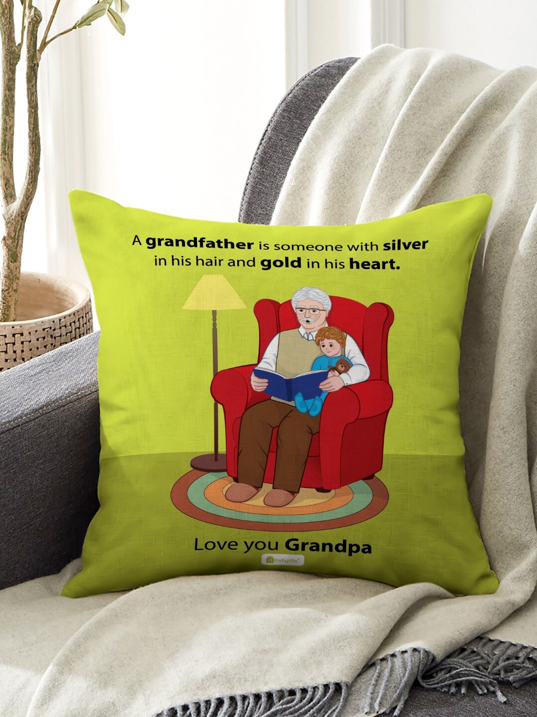 

Indigifts Green & Red Love You Grandpa Quote Printed Pre-Filled Cushions