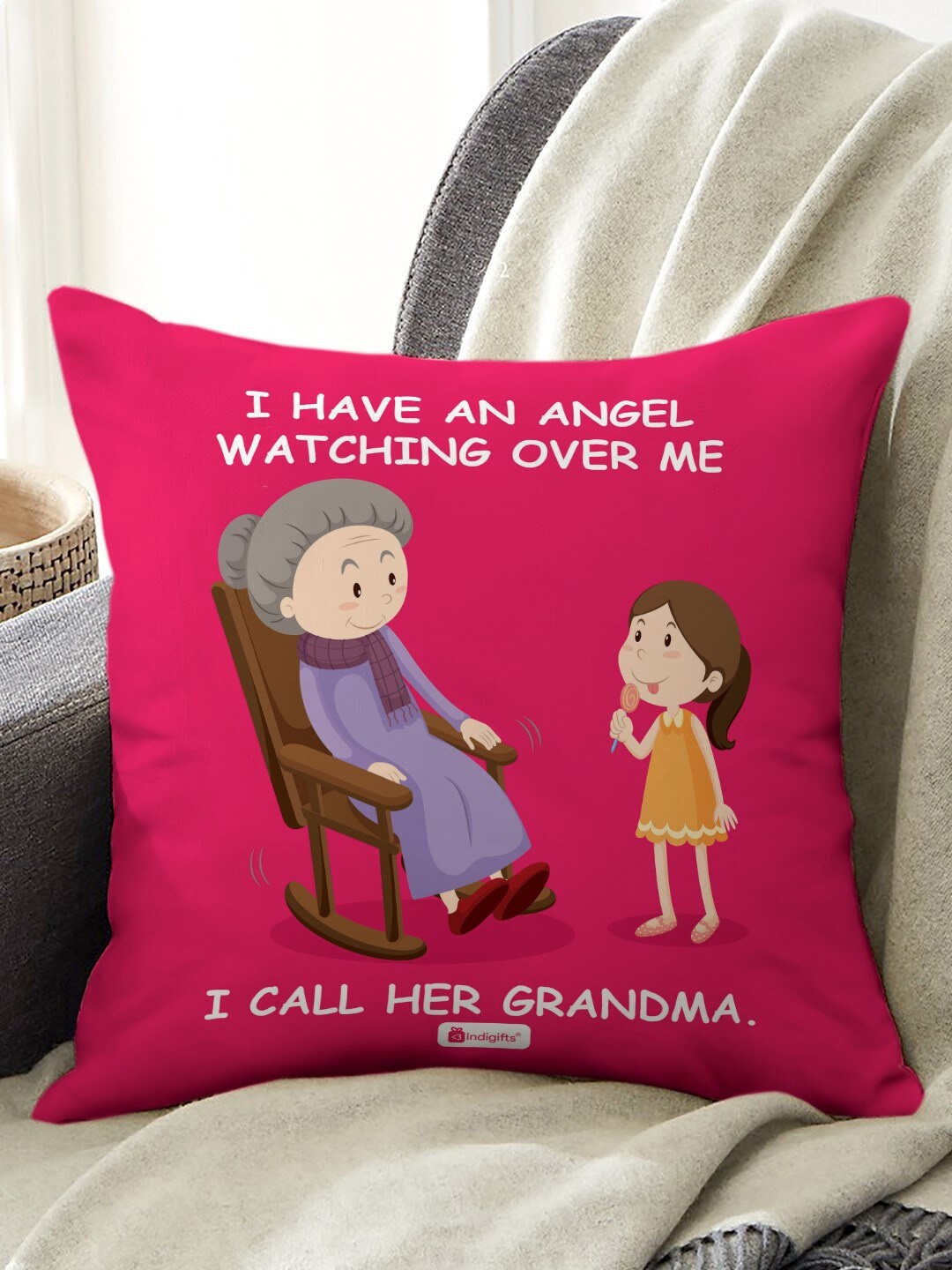 

Indigifts Special Angel Grandma Printed Pre-Filled Cushion, Pink