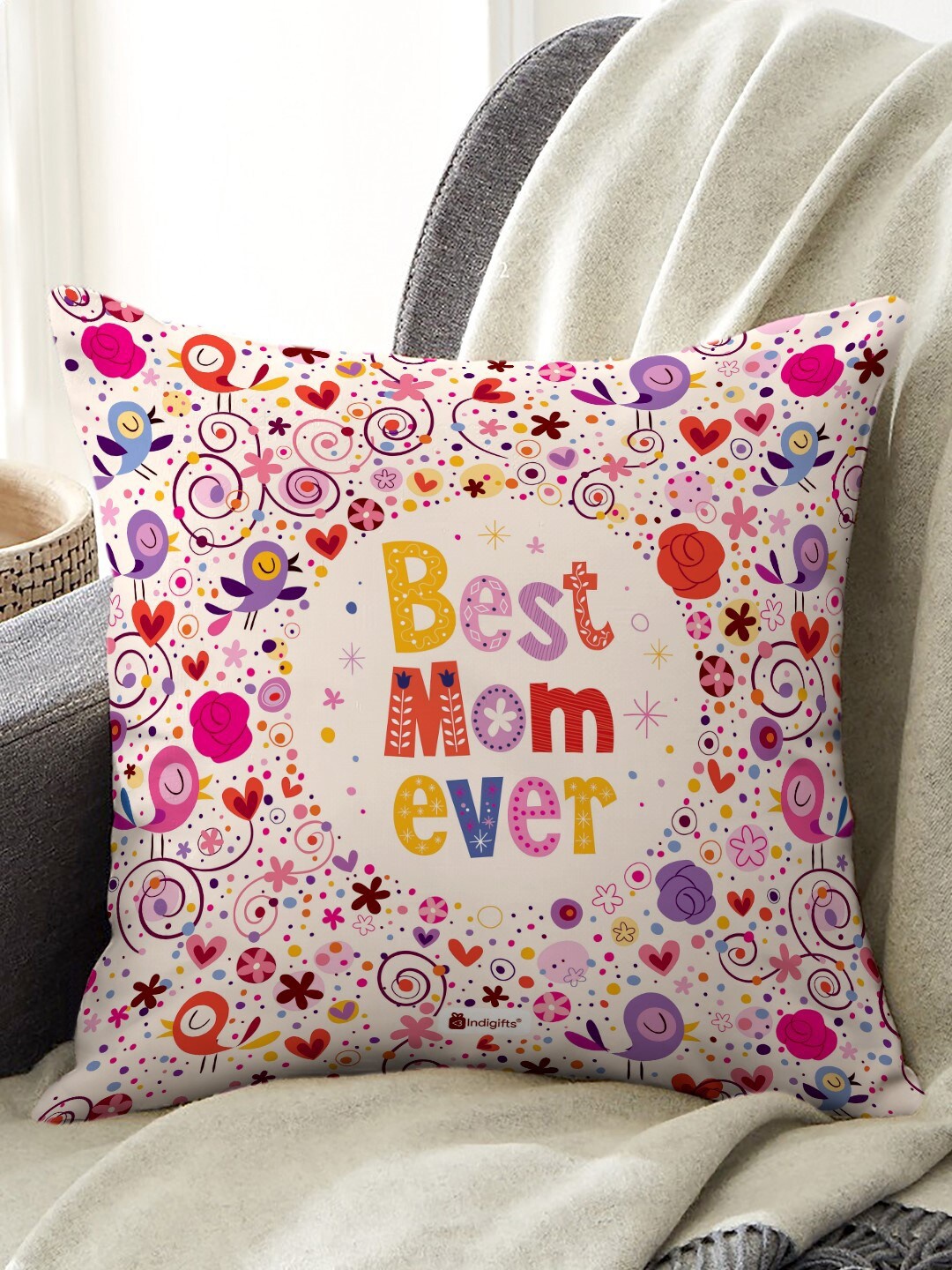 

Indigifts Best Mom Ever Floral Printed Cushion, White