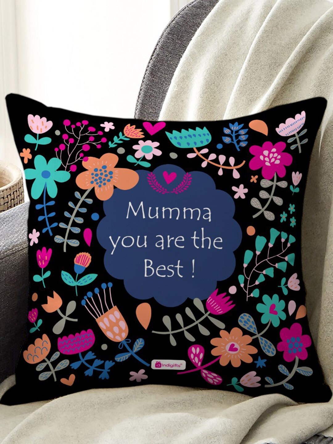 

Indigifts Floral Printed Pre-Filled Cushion, Black