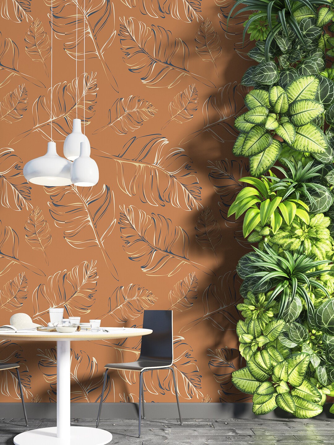 

PAPER PLANE DESIGN Orange-Colored & Grey Tropical Leaves Printed Wallpaper