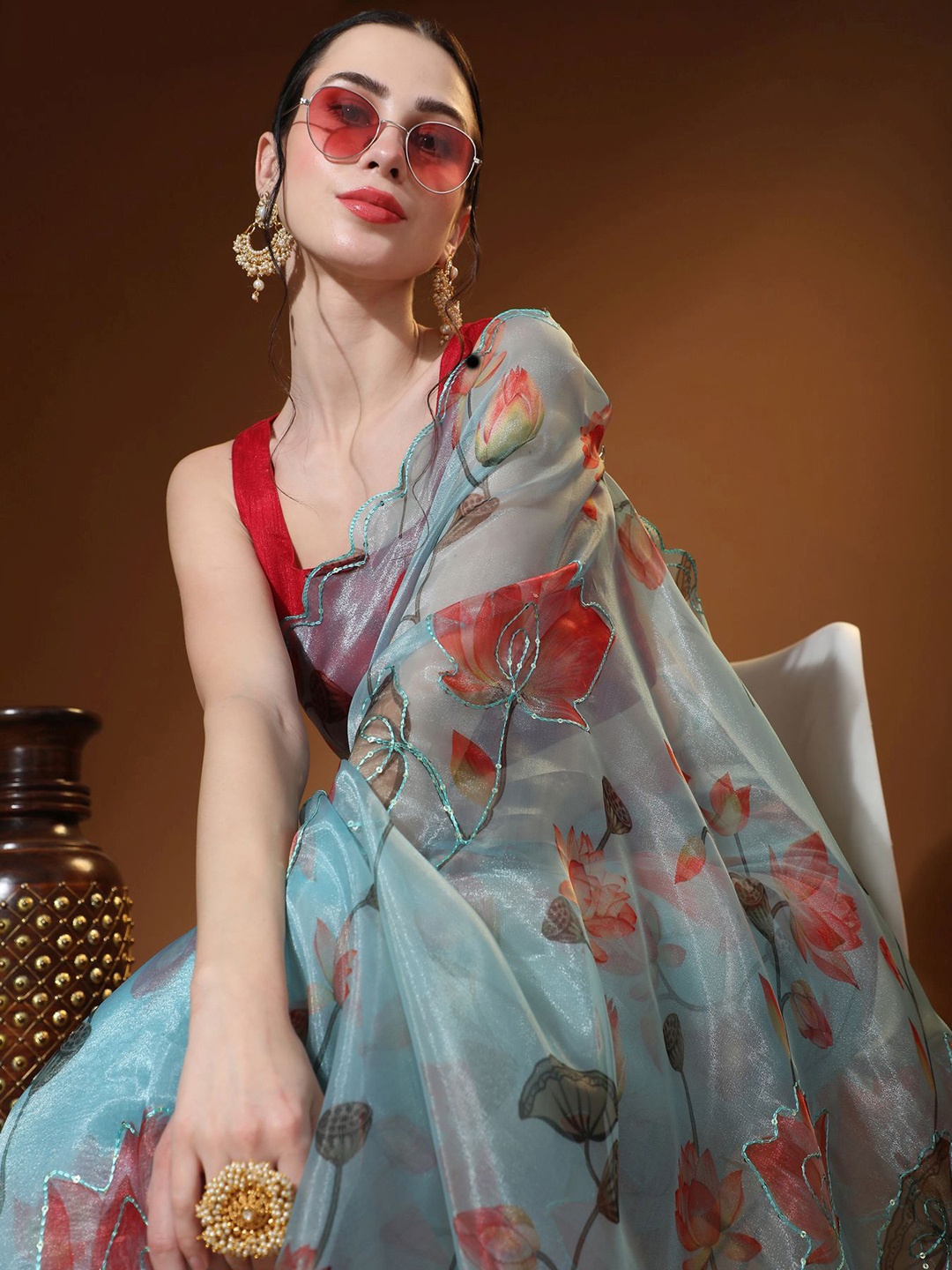 

Vastrasky Global Floral Printed Sequinned Organza Saree, Blue